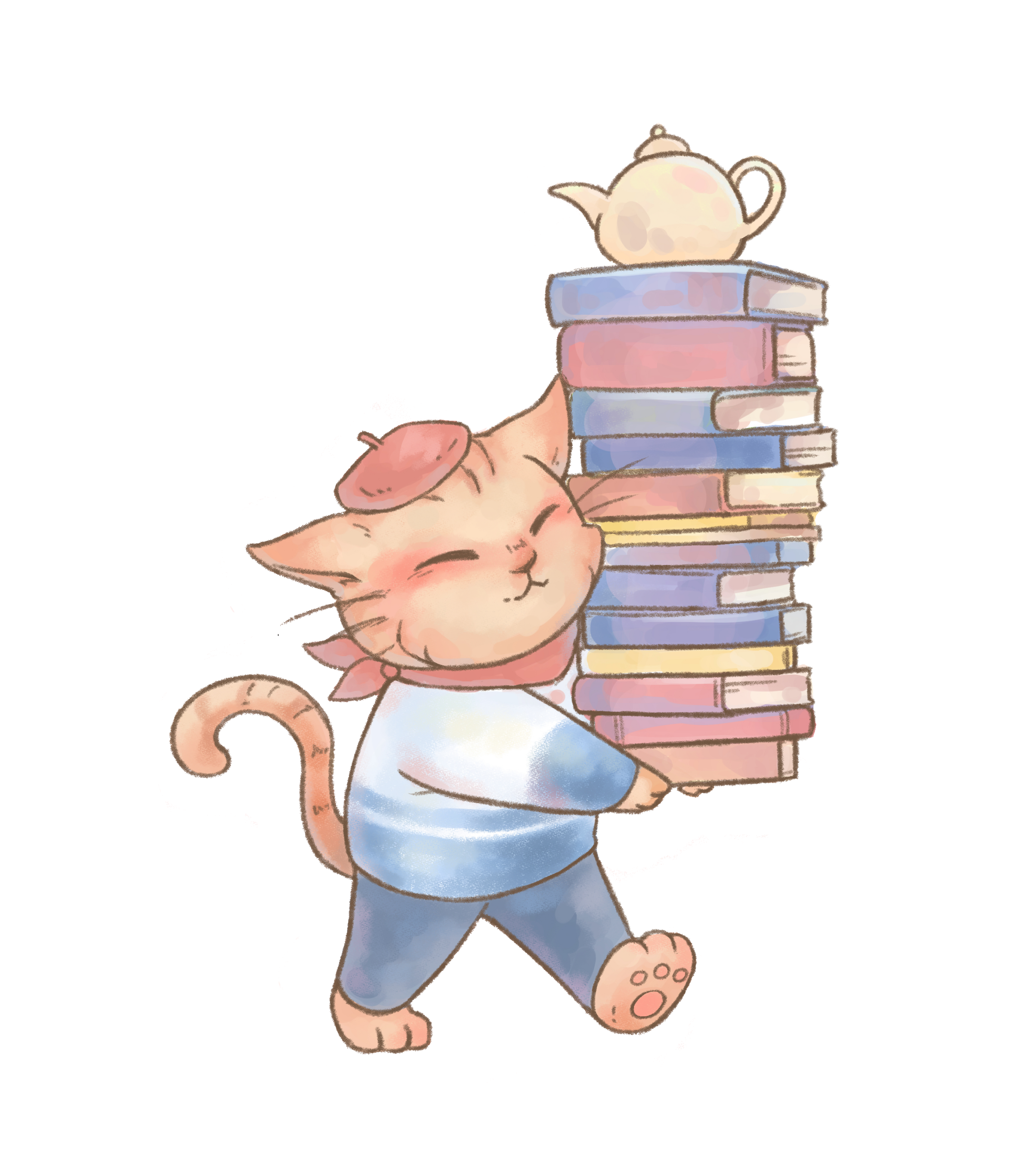 Cat mascot with a stack of books and teapot